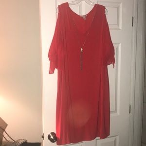 Coral peekaboo sleeve dress